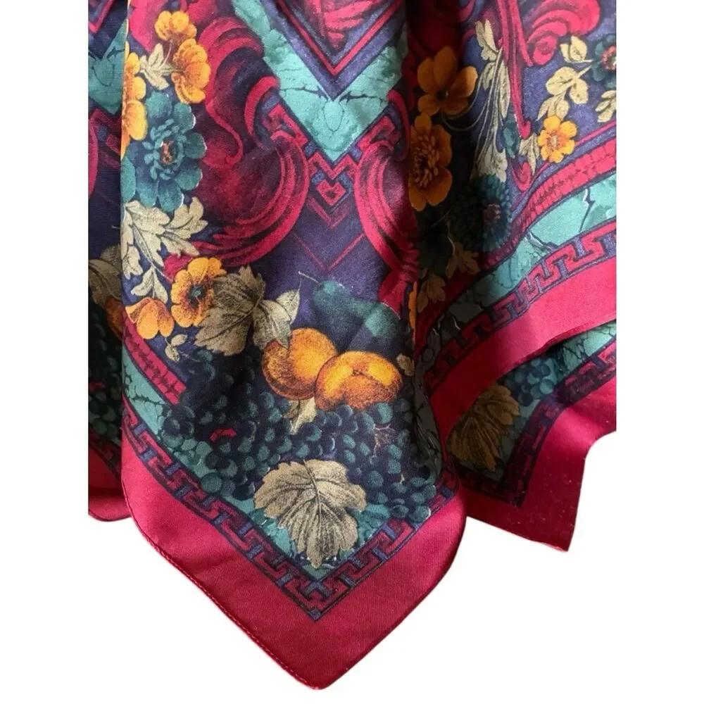 Floral Baroque Print Silk Scarf in Teal & Magenta